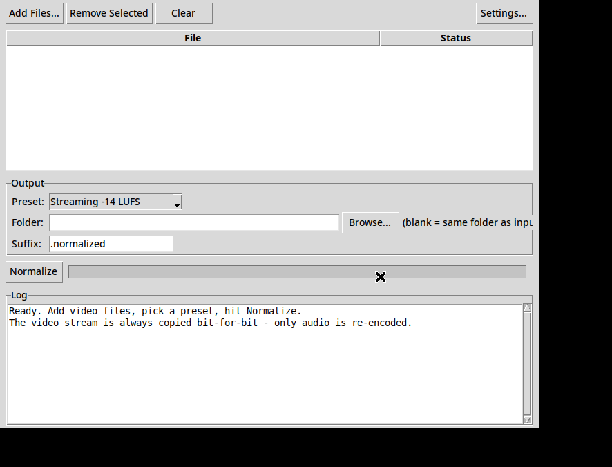 The GainFrame app: a file list, a loudness preset dropdown set to Streaming −14 LUFS, and a Normalize button. The log reads: the video stream is always copied bit-for-bit — only audio is re-encoded.